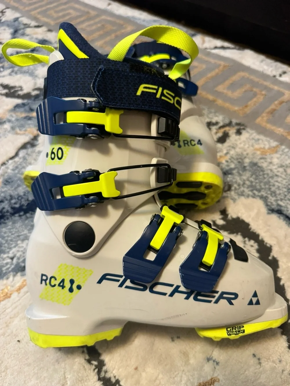 Kids Fischer neon White Ski Boots with Yellow Soles 195